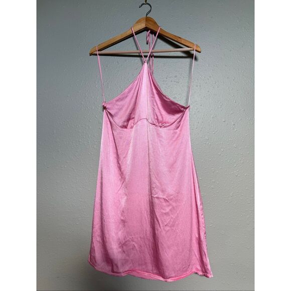 Zara Pink Satin Slip Mini Dress with Halter Tie Back – Size L” - Picture 3 of 9